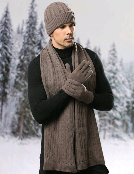Men's Winter Knitted Beanie, Long Scarf, and Gloves Set - Brown