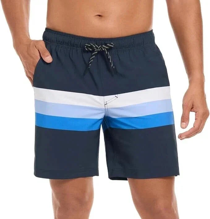 Men's Swimming Short - Quick-drying - Color: Navy Multi Striped Trunks - Size: Medium