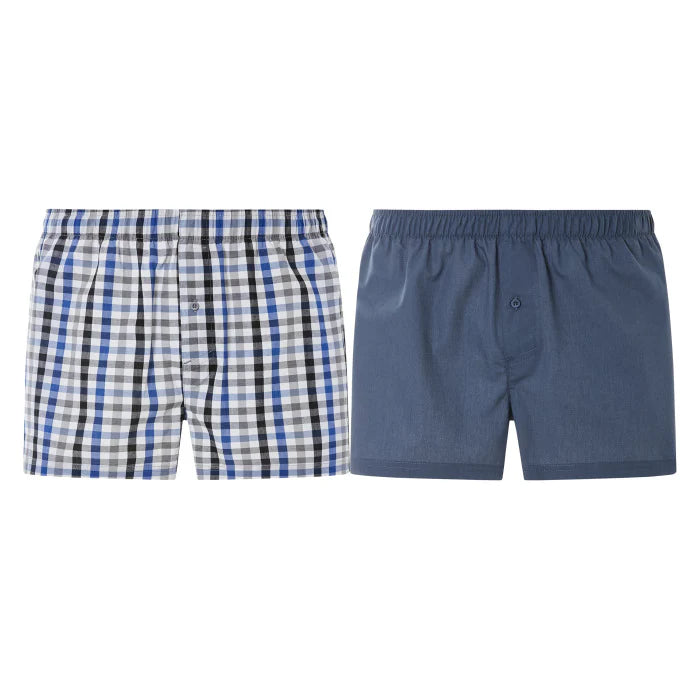 Two pairs of men's shorts, one checkered and one solid blue.