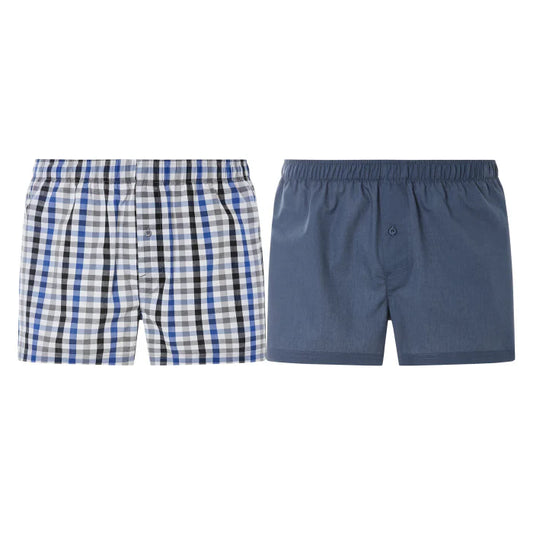 Two pairs of men's shorts, one checkered and one solid blue.