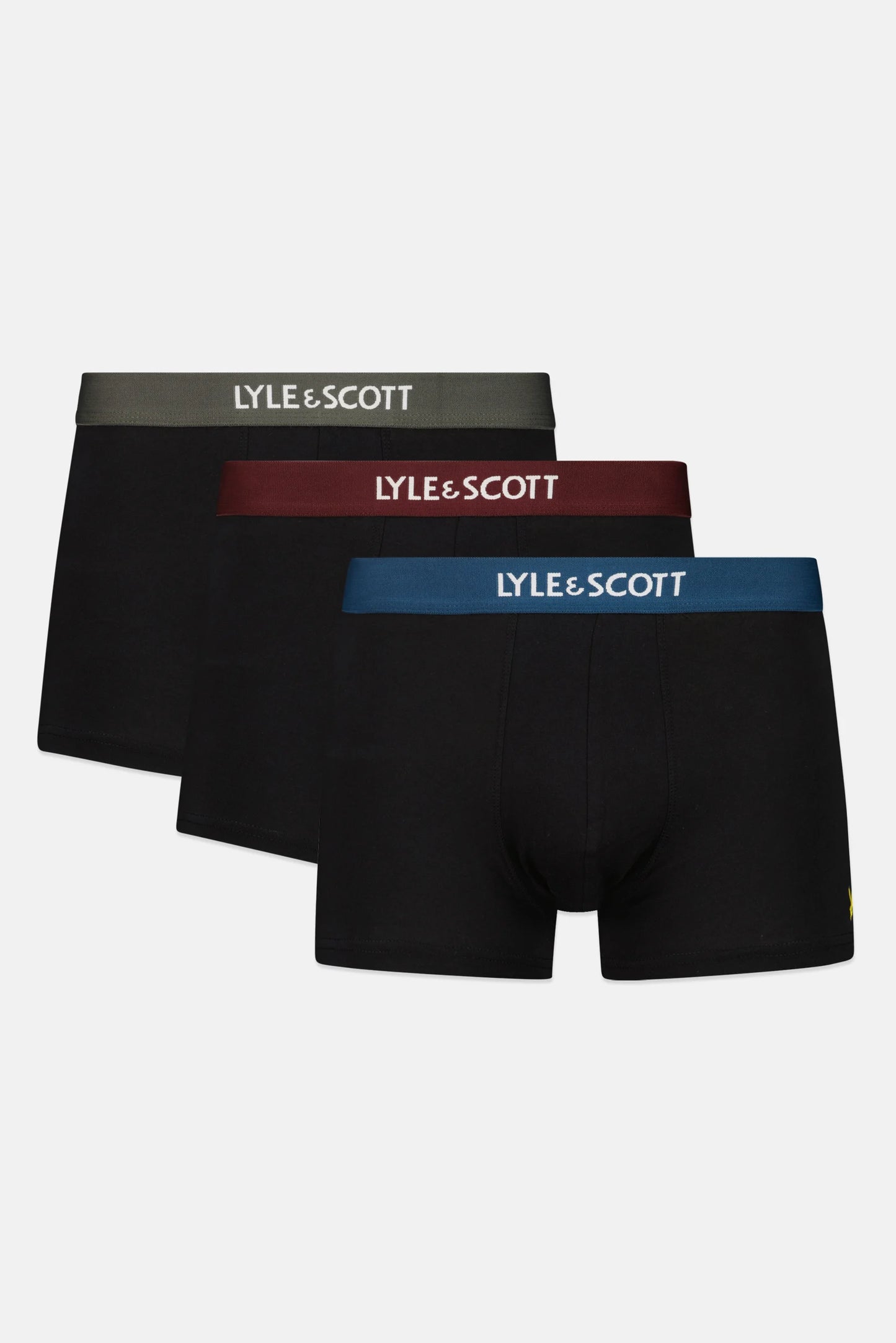 Three pairs of Lyle & Scott boxer briefs in black, maroon.