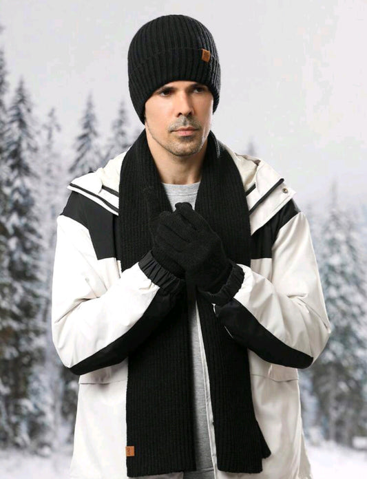 Men's Winter Knitted Beanie, Long Scarf, and Gloves Set - Striped - Black