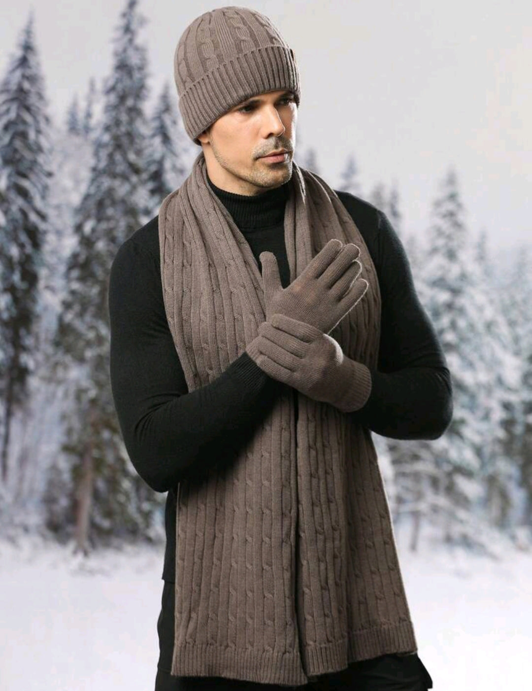 Men's Winter Knitted Beanie, Long Scarf, and Gloves Set - Brown