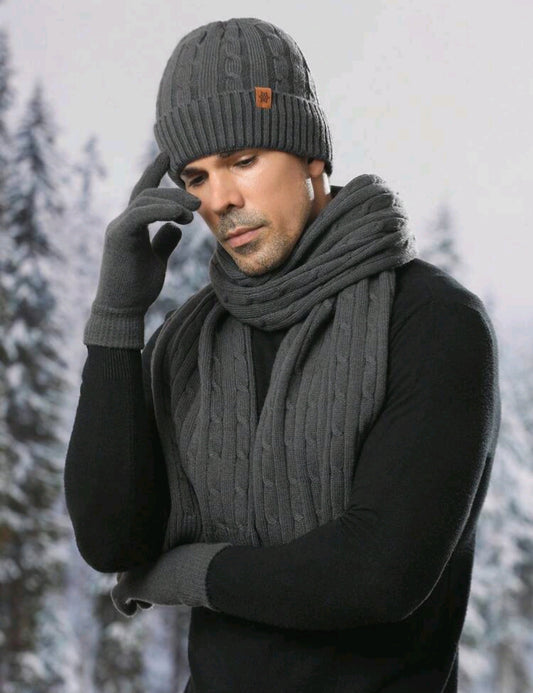 Men's Winter Knitted Beanie, Long Scarf, and Gloves Set - Gray