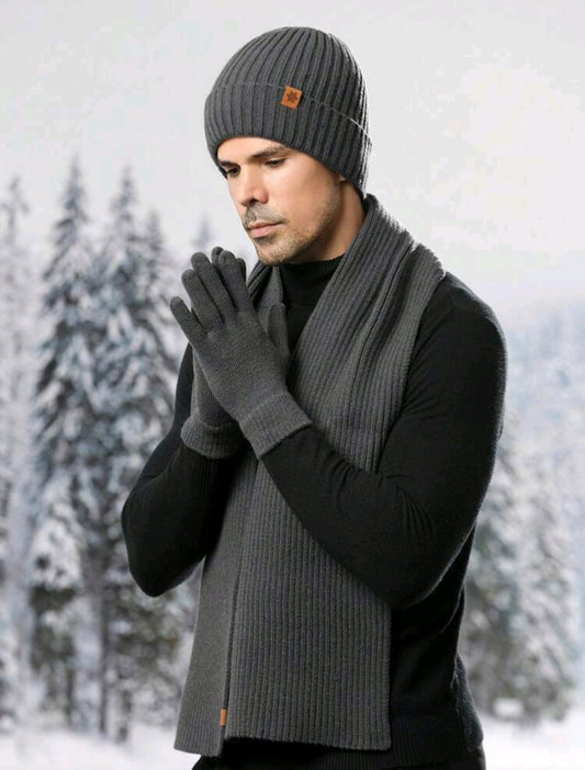 Men's Winter Knitted Beanie, Long Scarf, and Gloves Set - Striped - Gray
