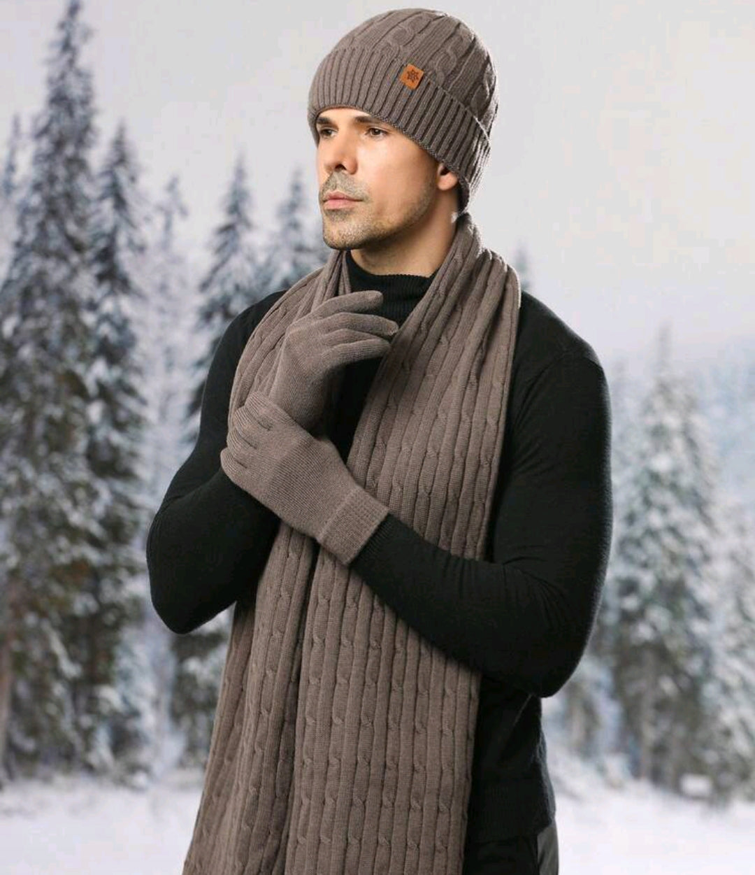 Men's Winter Knitted Beanie, Long Scarf, and Gloves Set - Brown
