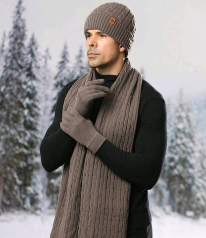 Men's Winter Knitted Beanie, Long Scarf, and Gloves Set - Brown