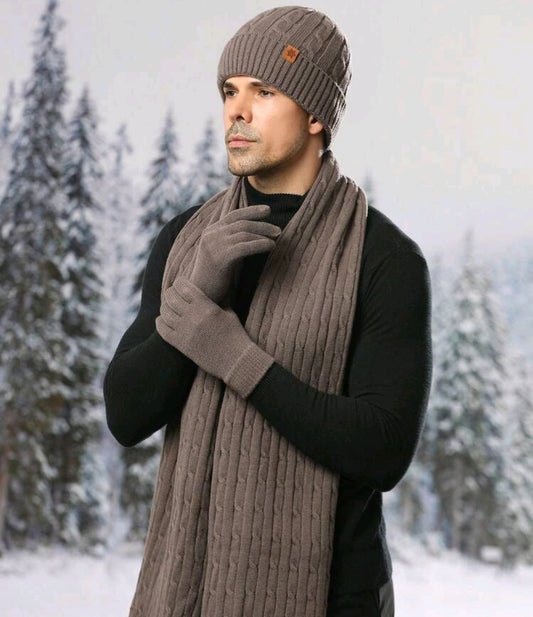 Men's Winter Knitted Beanie, Long Scarf, and Gloves Set - Brown