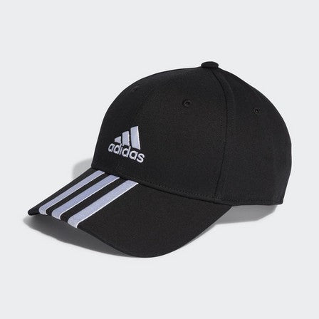 Black Adidas cap with three white stripes on a black background
