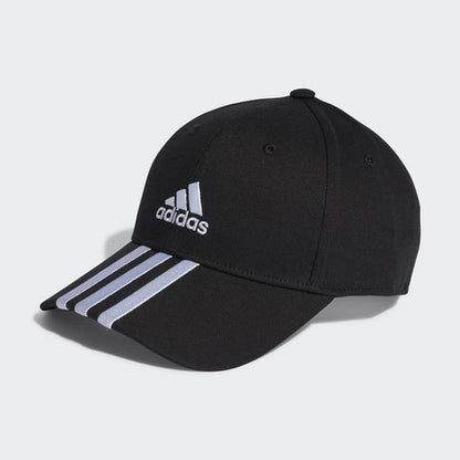 Black Adidas cap with three white stripes on a black background
