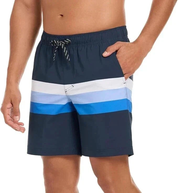 Men's Swimming Short - Quick-drying - Color: Navy Multi Striped Trunks - Size: Medium